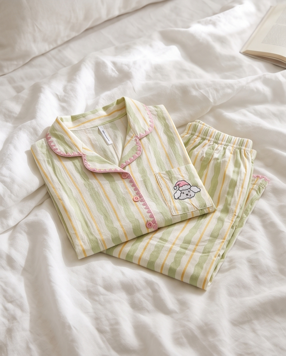 2-in-1 Embroidered Pajama Set (Green Stripe)