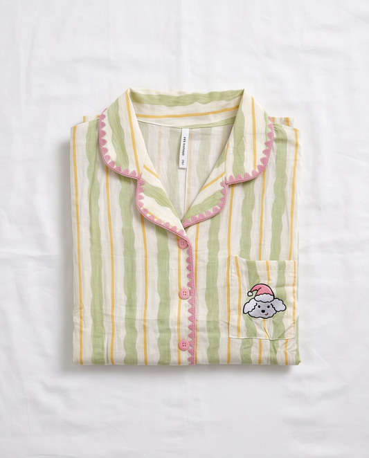 2-in-1 Embroidered Pajama Set (Green Stripe)