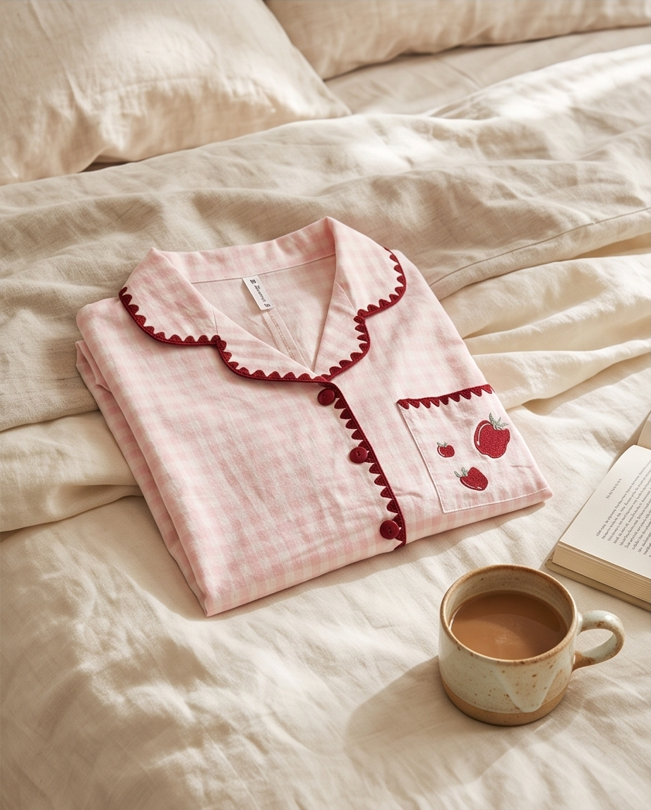 2-in-1 Embroidered Pajama Set (Pink Checkered)