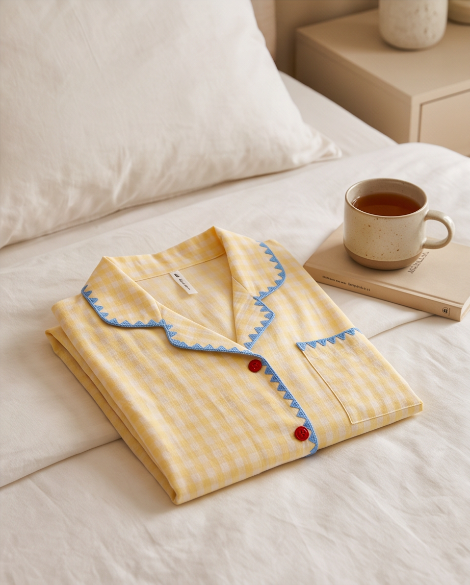 2-in-1 Embroidered Pajama Set (Yellow Checkered)