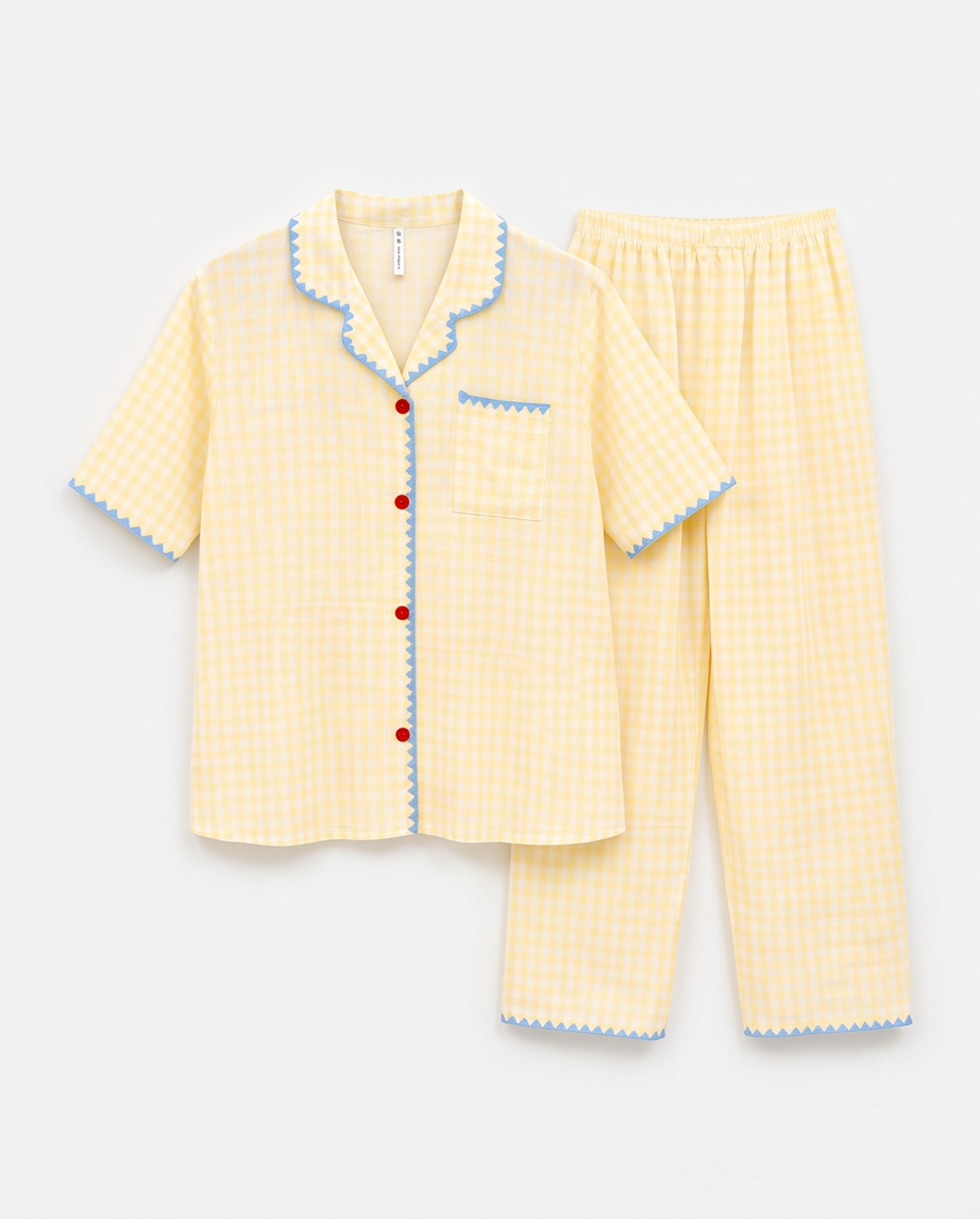 2-in-1 Embroidered Pajama Set (Yellow Checkered)