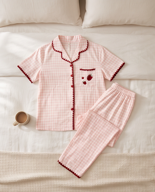 2-in-1 Embroidered Pajama Set (Pink Checkered)