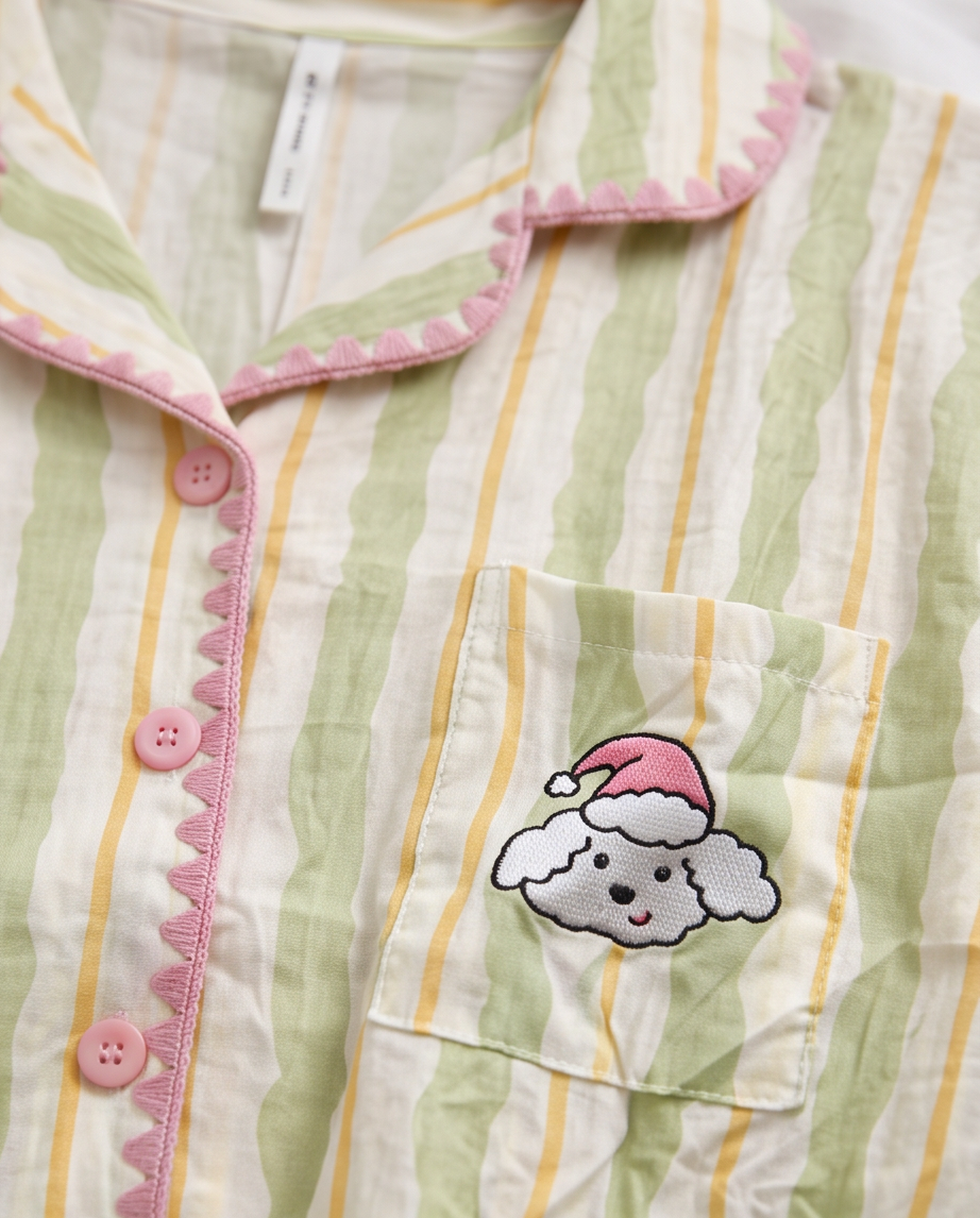 2-in-1 Embroidered Pajama Set (Green Stripe)
