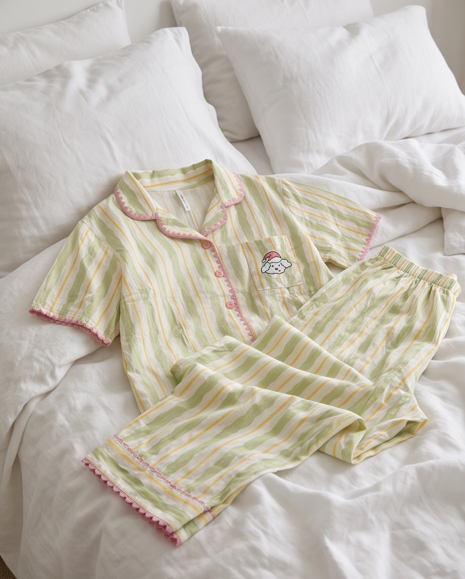 2-in-1 Embroidered Pajama Set (Green Stripe)