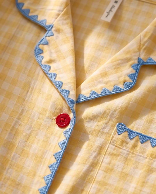 2-in-1 Embroidered Pajama Set (Yellow Checkered)