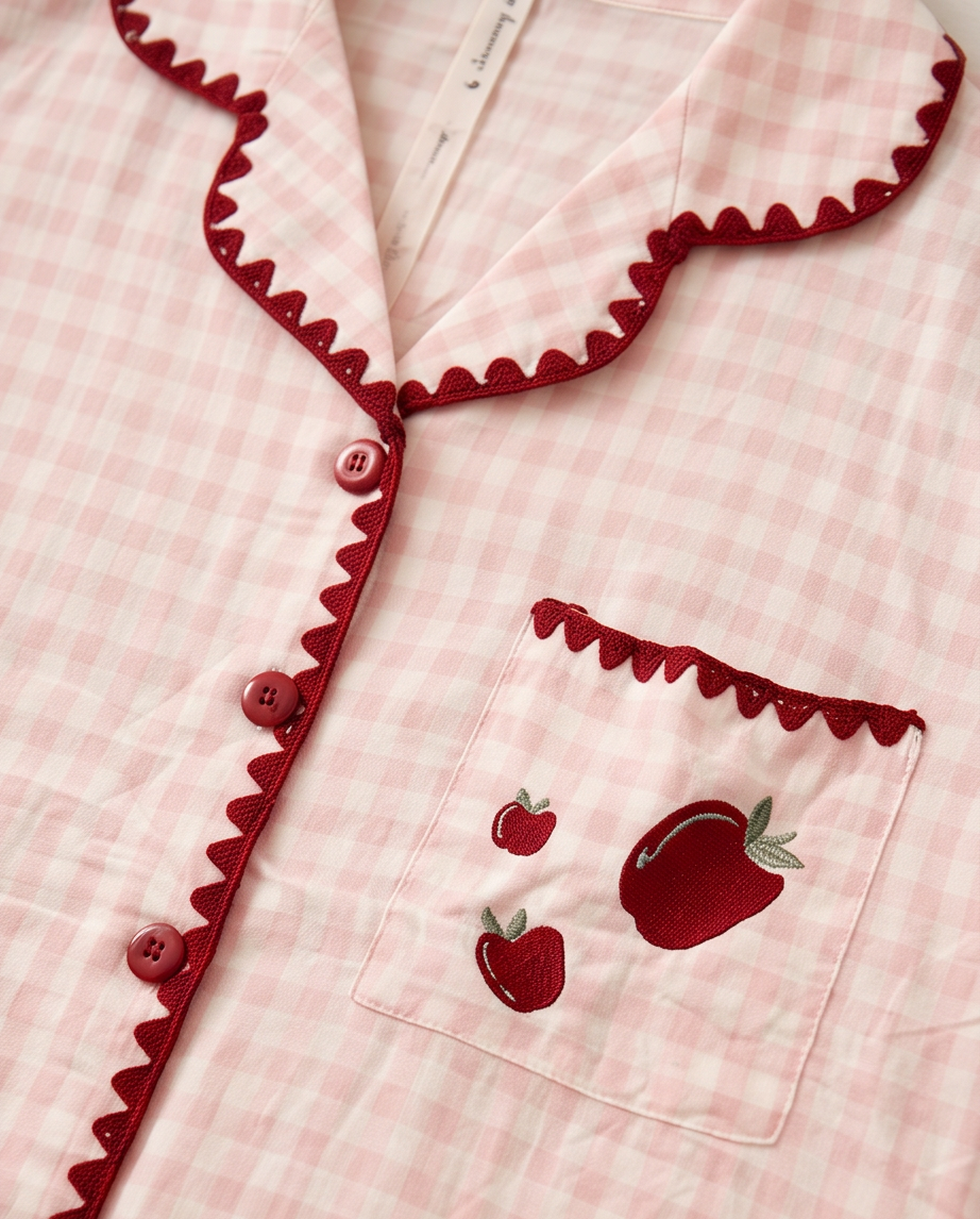 2-in-1 Embroidered Pajama Set (Pink Checkered)