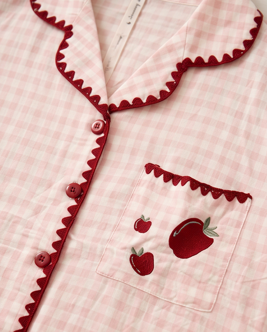 2-in-1 Embroidered Pajama Set (Pink Checkered)