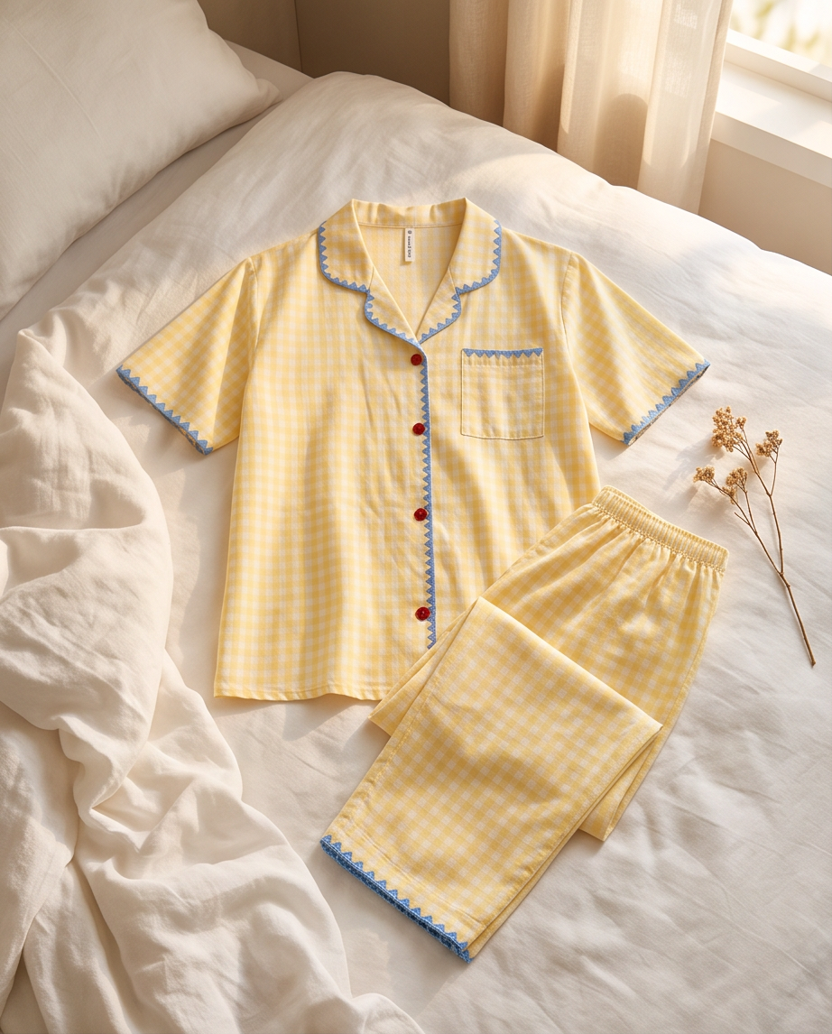2-in-1 Embroidered Pajama Set (Yellow Checkered)