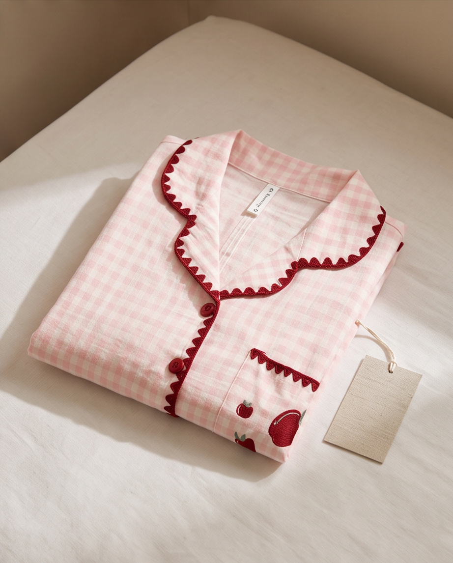 2-in-1 Embroidered Pajama Set (Pink Checkered)